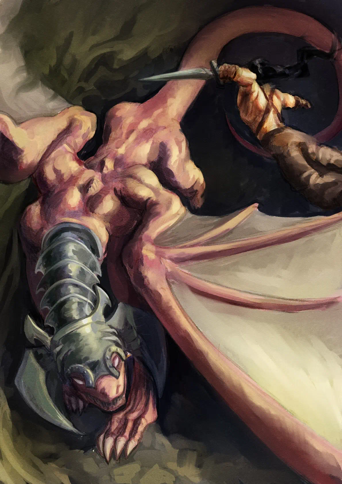 2D digital illustration of a dark fantasy scene featuring a dragon